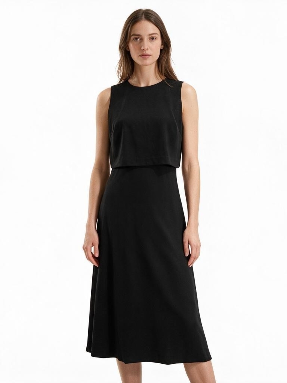 SPANX The Perfect Overlay Dress Black Sleeveless Ponte Midi Layered Size Small